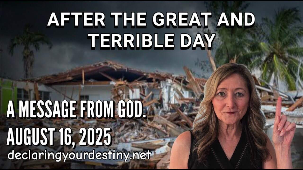 Woman pointing in front of destroyed building.