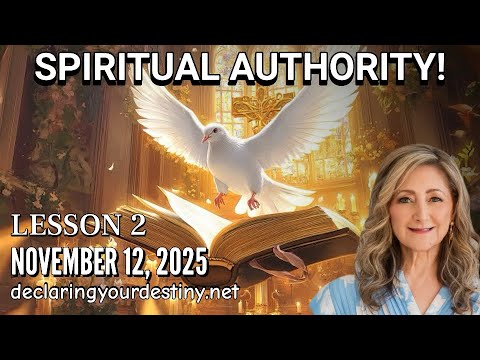 Declaring Your Destiny International spiritual authority event advertisement with dove and smiling woman.