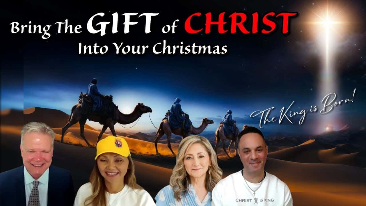 Celebrating the gift of Christ during Christmas with spiritual leaders and a festive night sky.