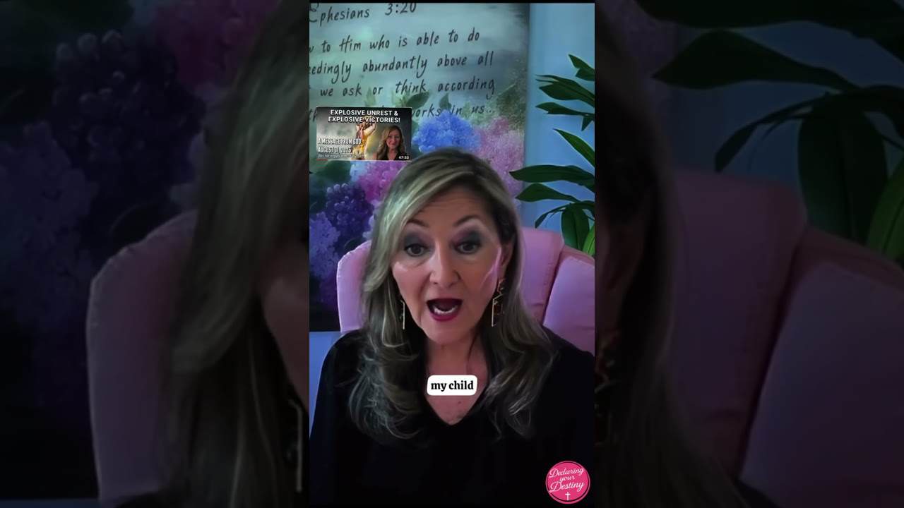 Woman speaking about faith and destiny with biblical references in a church setting.