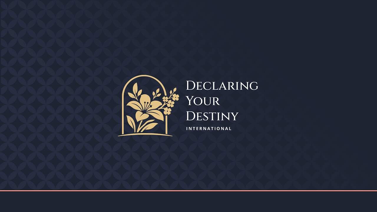 Declaring Your Destiny International logo with floral design on dark background.